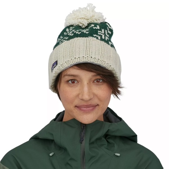 Brand New Patagonia Women's Snowbelle Beanie Wool Pom Hat Evergreen Flakes Green - Picture 15 of 16